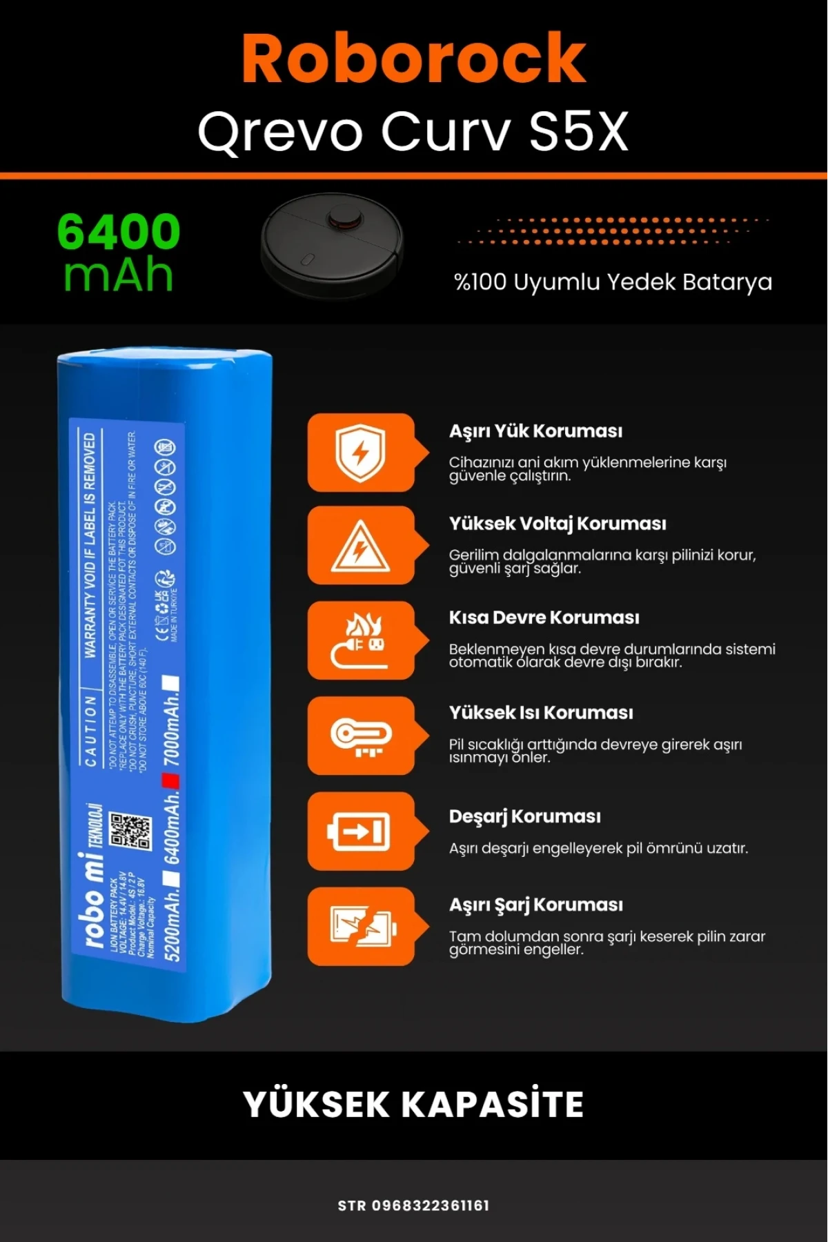 Roborock Qrevo Curv S5X Uyumlu 6400mAh Robot Süpürge Bataryası - Kutusuz Model - Yüksek Kapasite