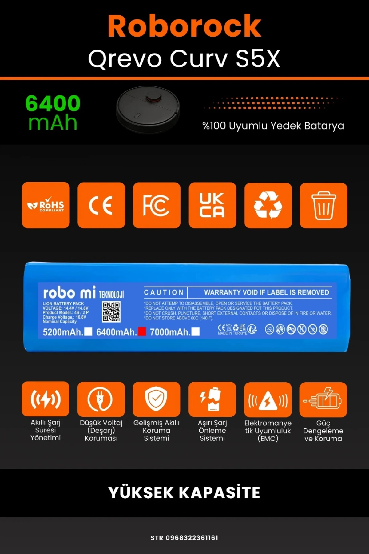 Roborock Qrevo Curv S5X Uyumlu 6400mAh Robot Süpürge Bataryası - Kutusuz Model - Yüksek Kapasite