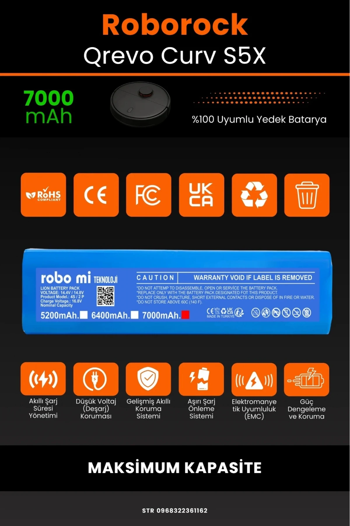 Roborock Qrevo Curv S5X Uyumlu 7000mAh Robot Süpürge Bataryası - Kutusuz Model - Maksimum Kapasite