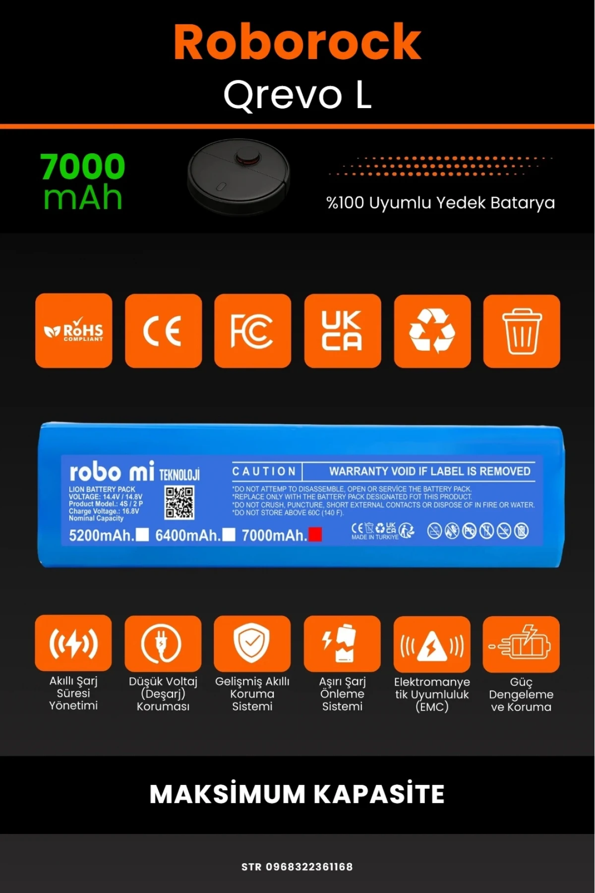 Roborock Qrevo L Uyumlu 7000mAh  Robot Süpürge Bataryası - Kutusuz Model -  - Maksimum Kapasite