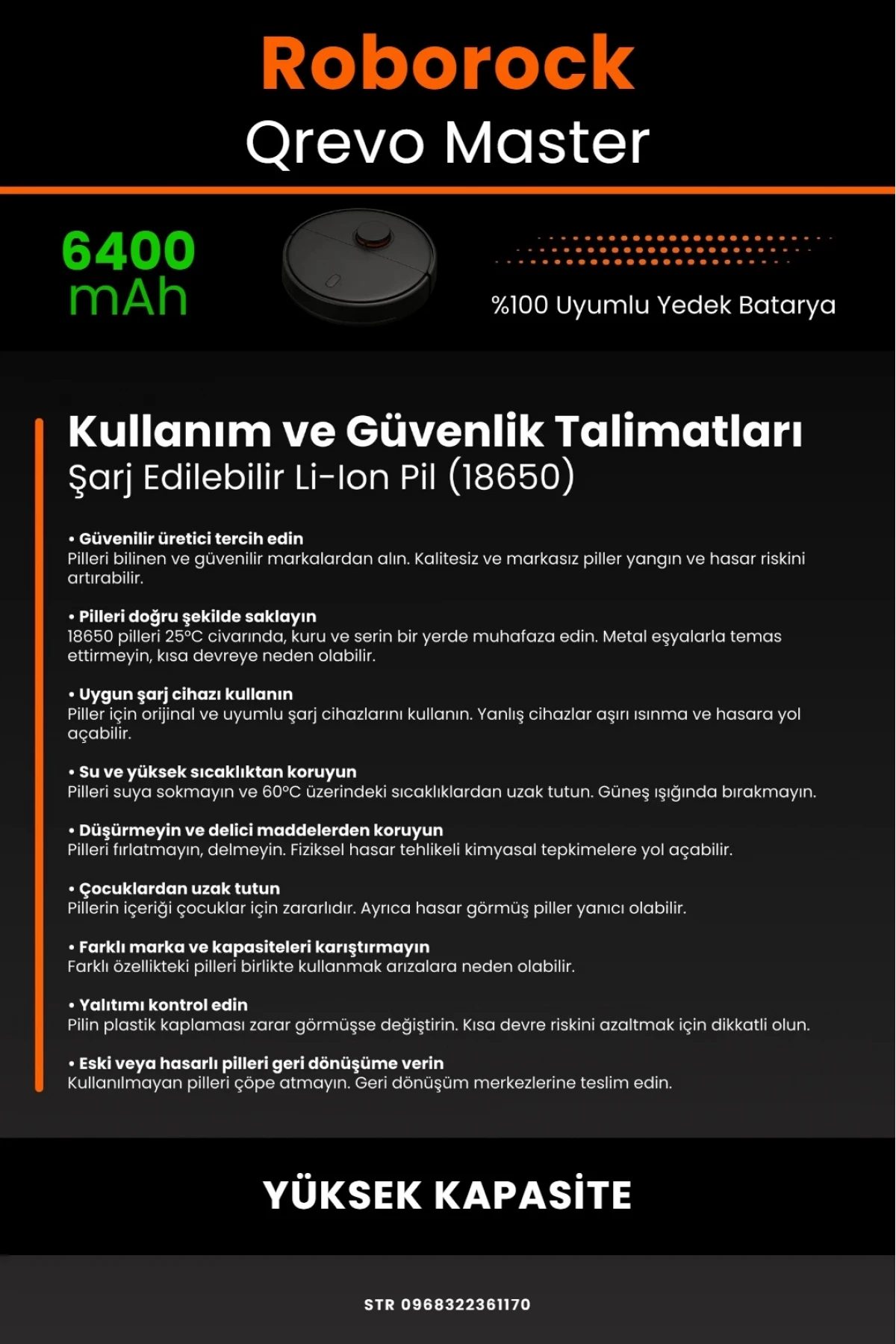 Roborock Qrevo Master Uyumlu 6400mAh  Robot Süpürge Bataryası - Kutusuz Model - Yüksek Kapasite