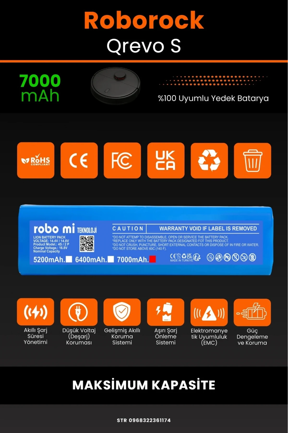 Roborock Qrevo S Uyumlu 7000mAh  Robot Süpürge Bataryası - Kutusuz Model - Maksimum Kapasite