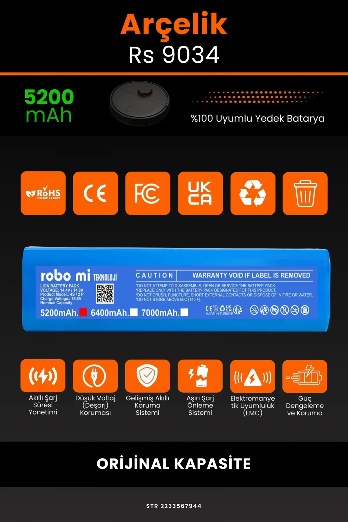 Arçelik Rs 9034 Hm 5200mAh Robot Süpürge Bataryası - Gerçek Kapasite, Maksimum Güvenlik
