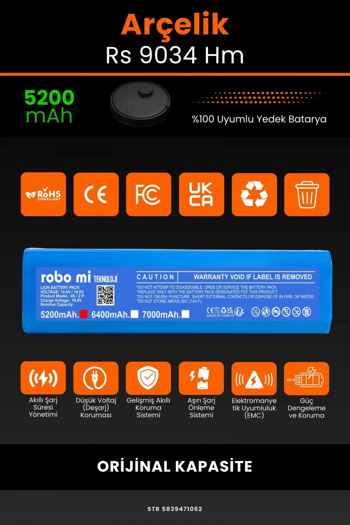 Arçelik Rs 9034 Hm 5200mAh Robot Süpürge Bataryası - Gerçek Kapasite, Maksimum Güvenlik
