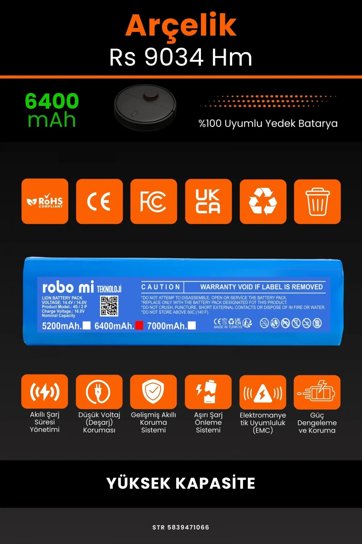 Arçelik Rs 9034 Hm 6400mAh Robot Süpürge Bataryası - Gerçek Kapasite, Maksimum Güvenlik