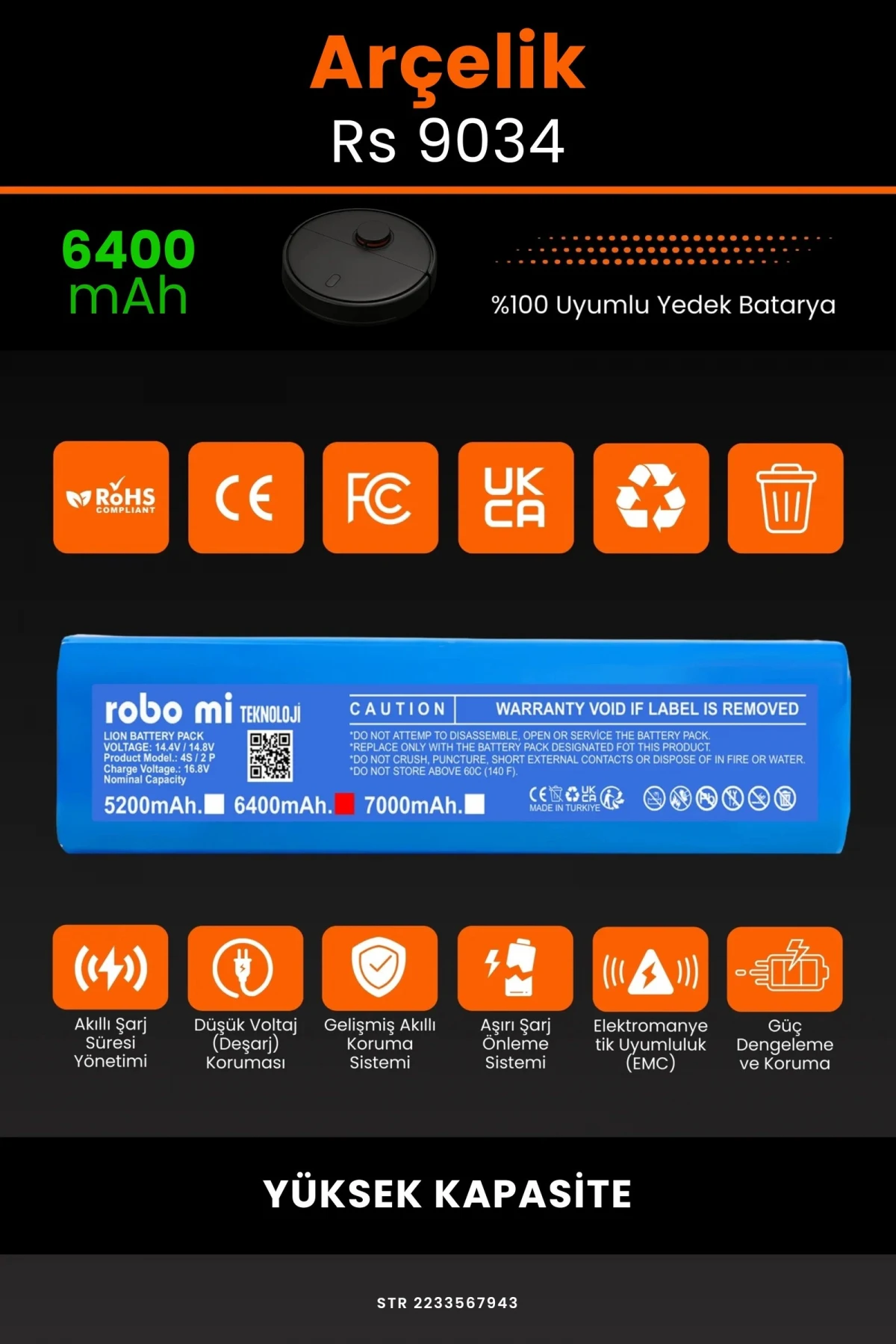 Arçelik Rs 9034 Hm 6400mAh Robot Süpürge Bataryası - Gerçek Kapasite, Maksimum Güvenlik