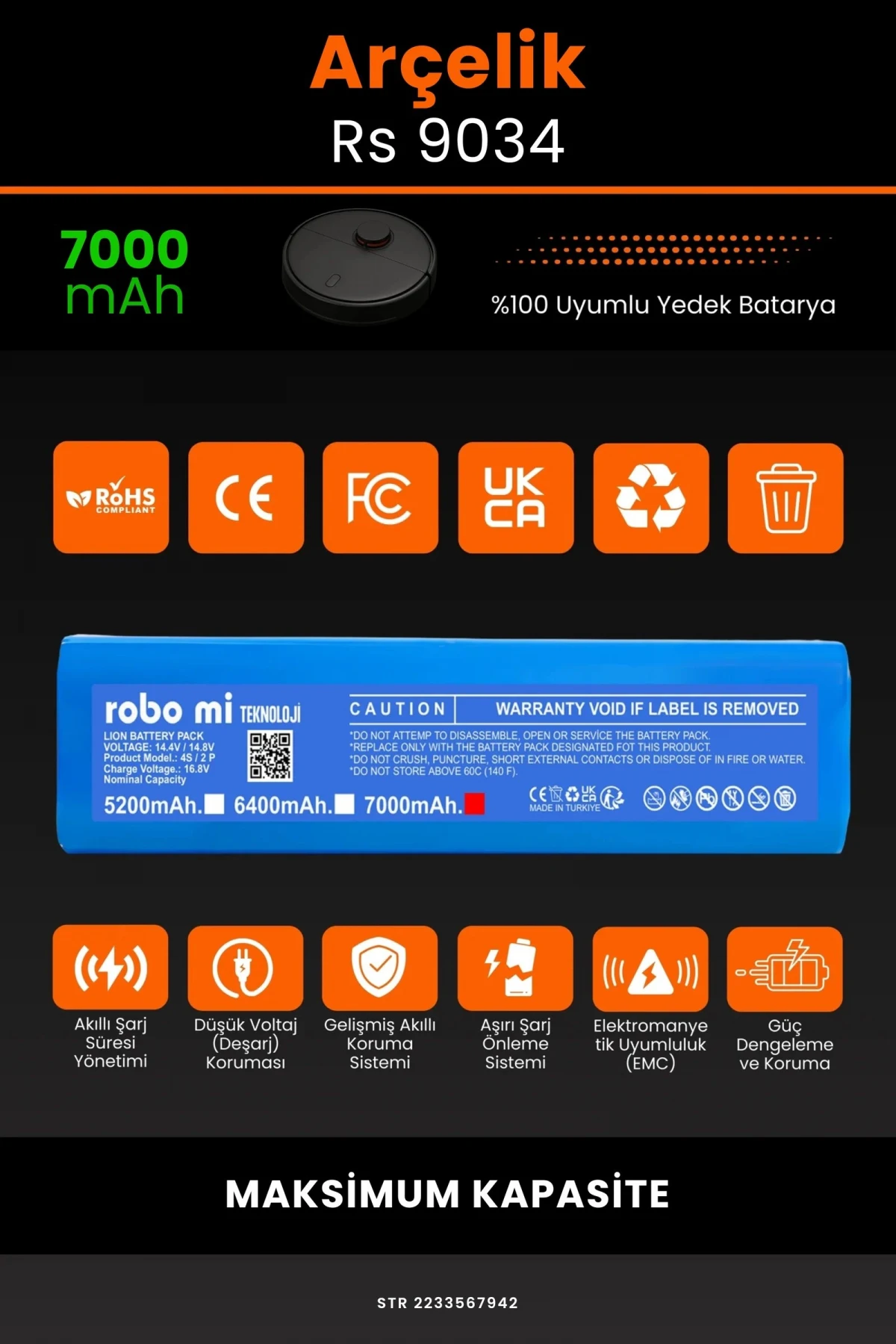 Arçelik Rs 9034 Hm 7000mAh Robot Süpürge Bataryası - Gerçek Kapasite, Maksimum Güvenlik
