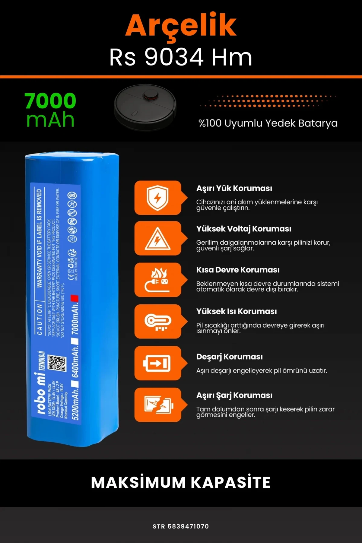 Arçelik Rs 9034 Hm 7000mAh Robot Süpürge Bataryası - Gerçek Kapasite, Maksimum Güvenlik