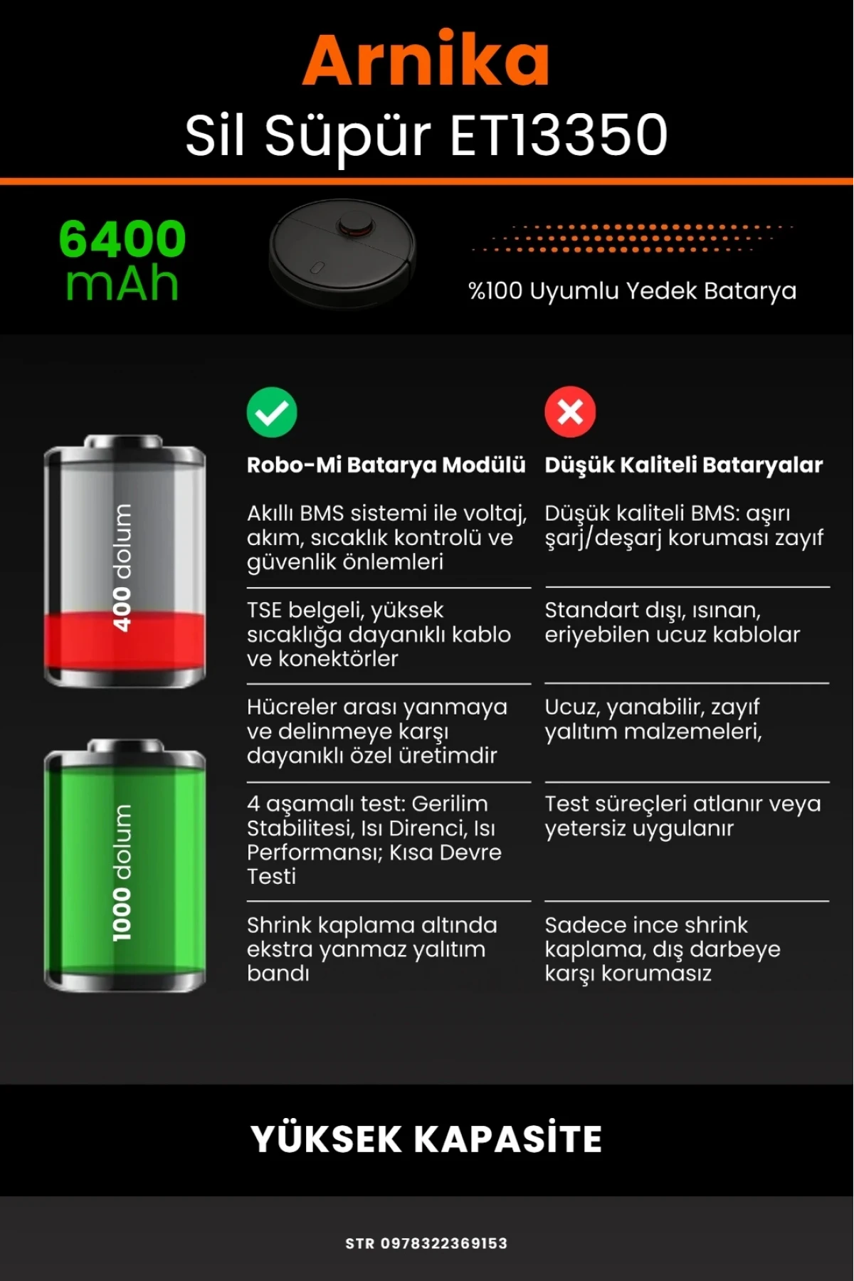 Arnika Sil Süpür ET13350 Uyumlu 6400mAh Robot Süpürge Bataryası - Yüksek Kapasite