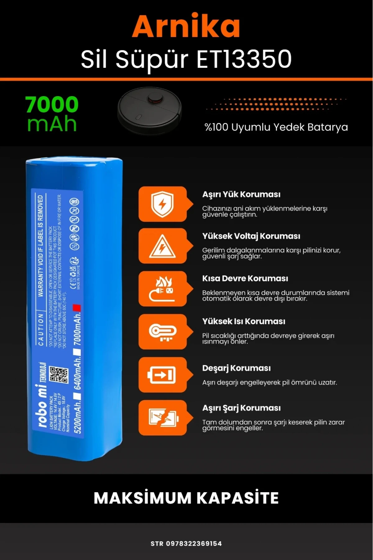Arnika Sil Süpür ET13350 Uyumlu 7000mAh Robot Süpürge Bataryası - Maksimum Kapasite
