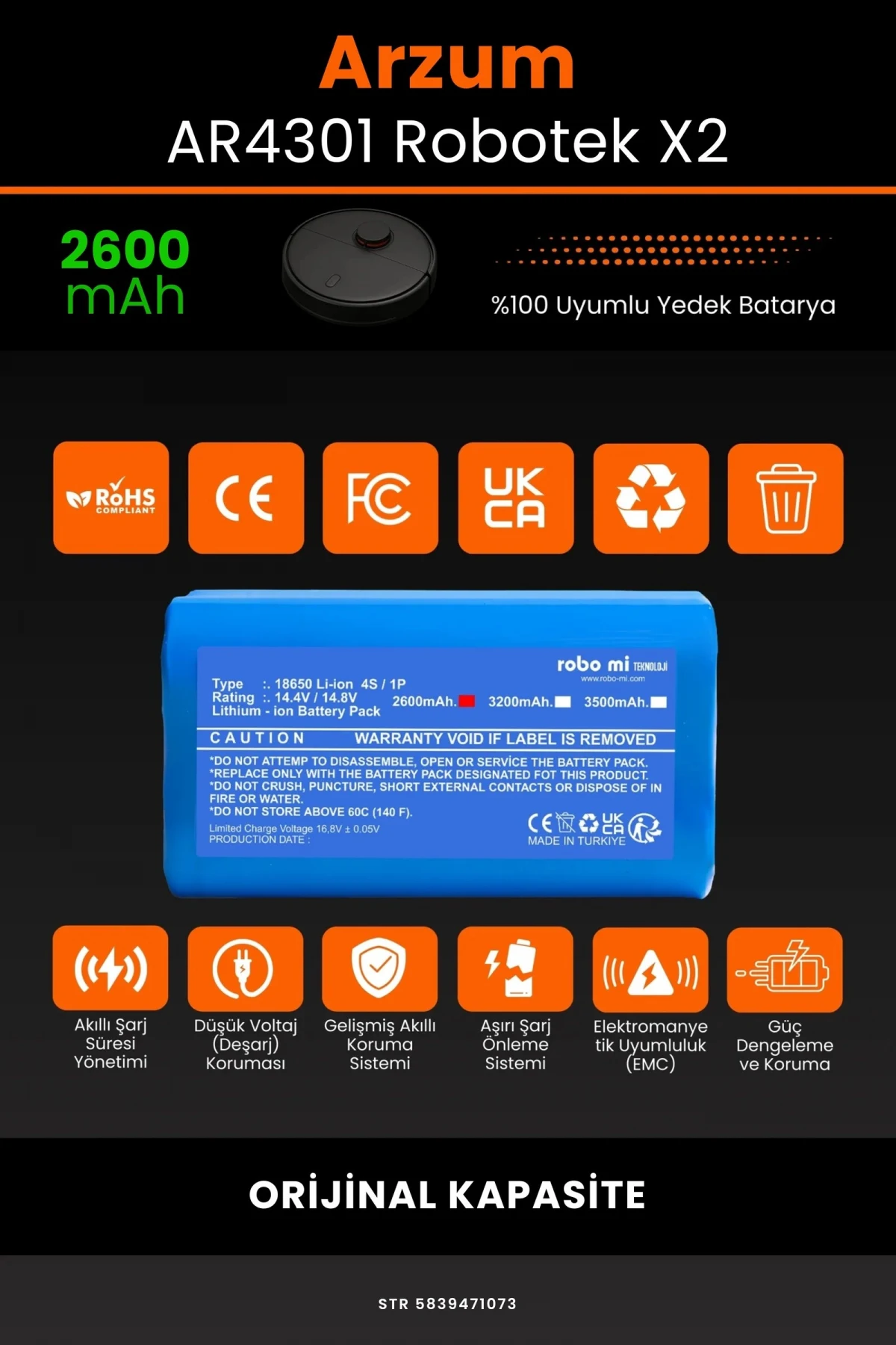 Arzum AR4301 Robotek X2 2600mAh Robot Süpürge Bataryası - Gerçek Kapasite, Maksimum Güvenlik