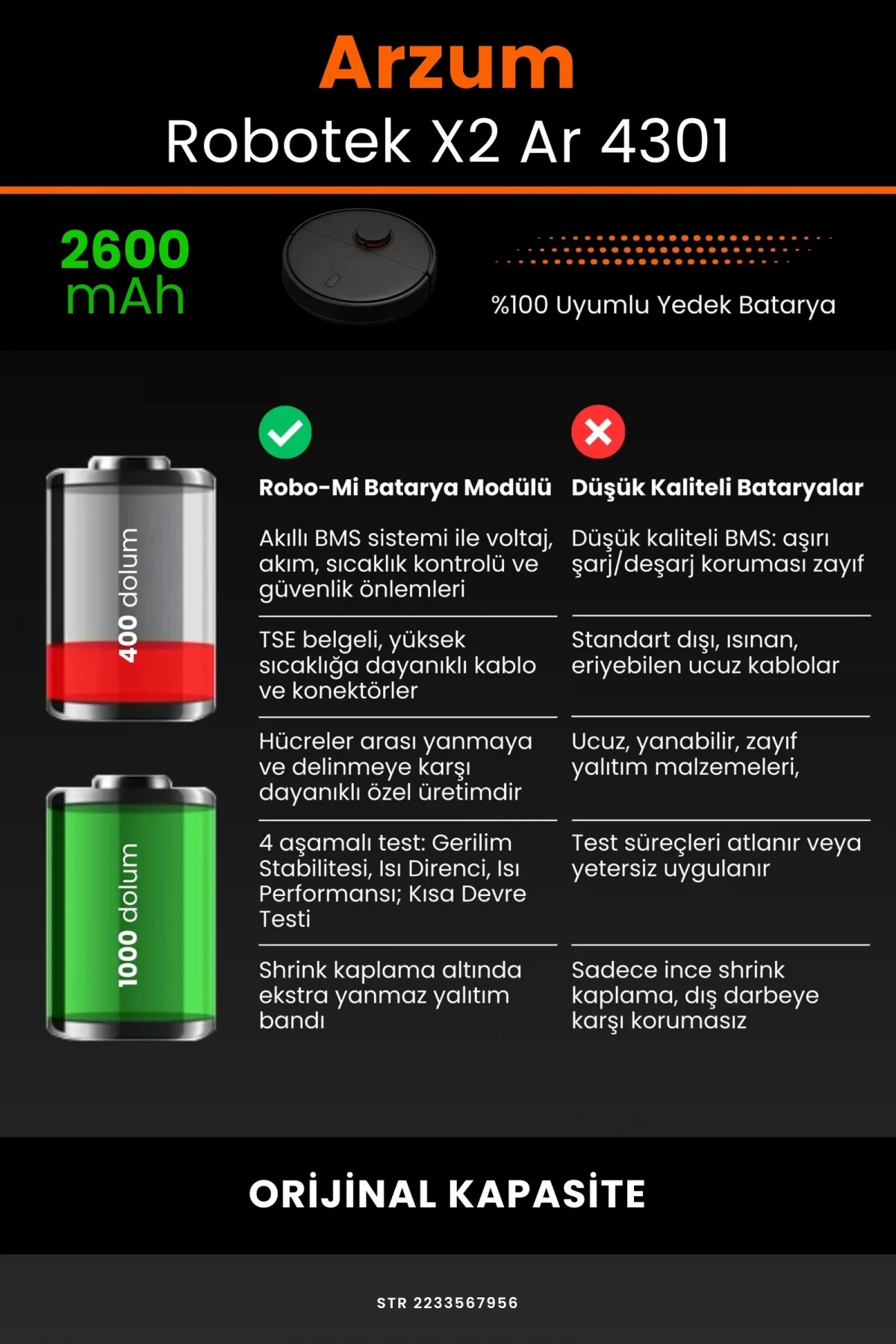 Arzum AR4301 Robotek X2 2600mAh Robot Süpürge Bataryası - Gerçek Kapasite, Maksimum Güvenlik
