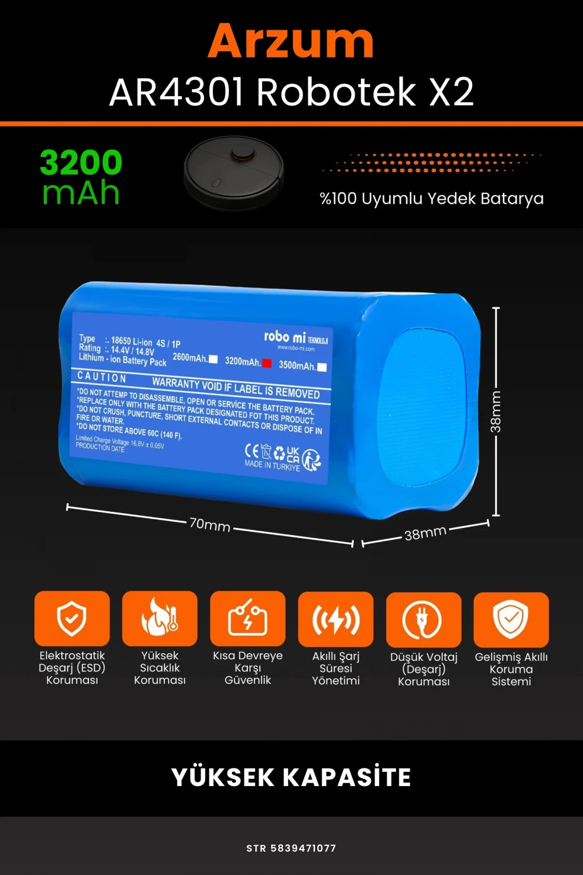 Arzum AR4301 Robotek X2 3200mAh Robot Süpürge Bataryası - Gerçek Kapasite, Maksimum Güvenlik