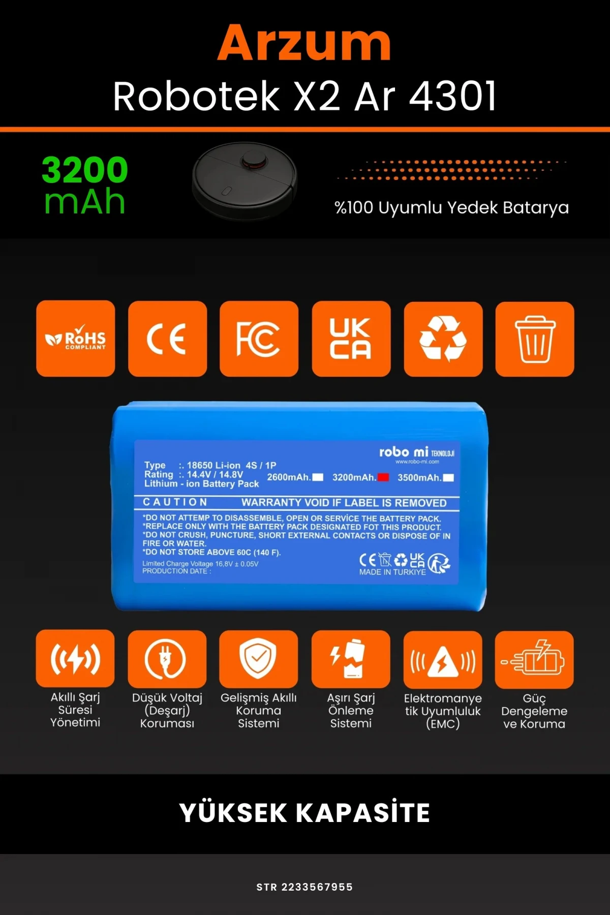 Arzum AR4301 Robotek X2 3200mAh Robot Süpürge Bataryası - Gerçek Kapasite, Maksimum Güvenlik