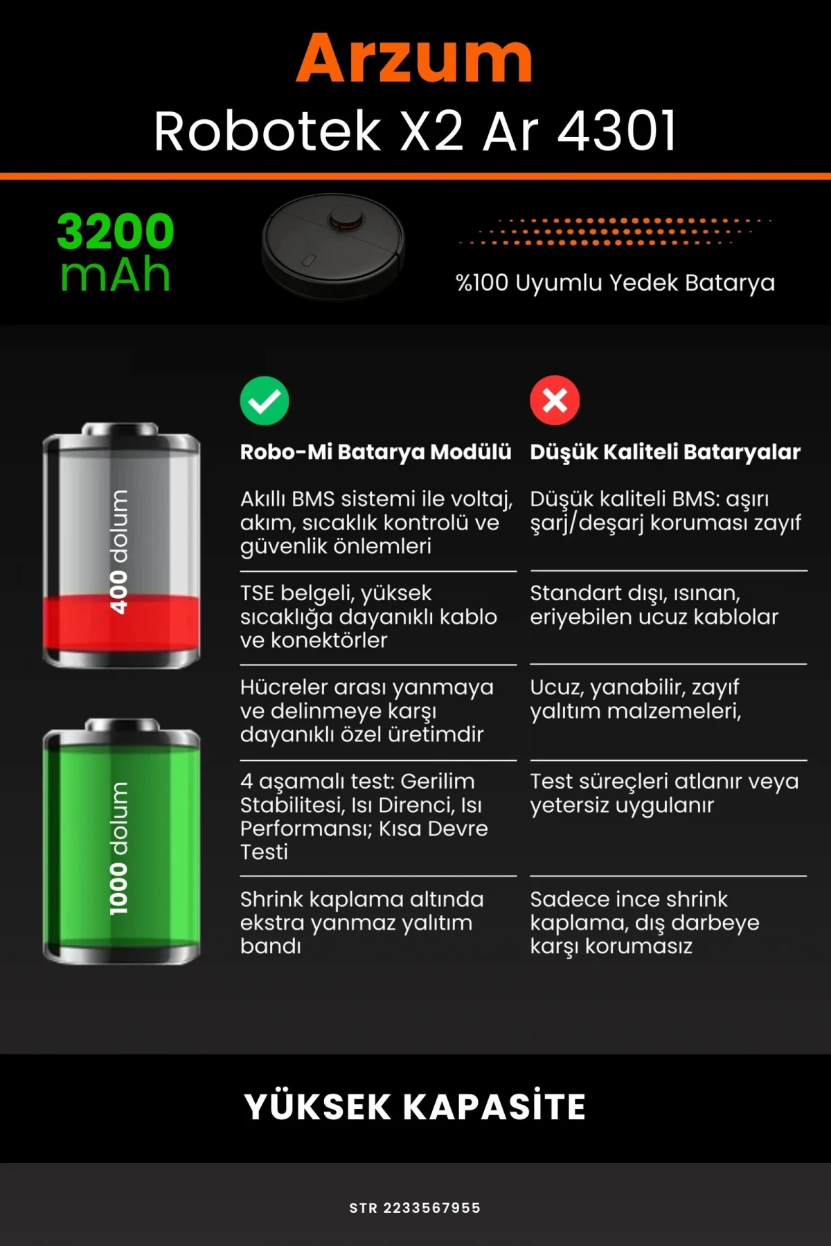 Arzum AR4301 Robotek X2 3200mAh Robot Süpürge Bataryası - Gerçek Kapasite, Maksimum Güvenlik