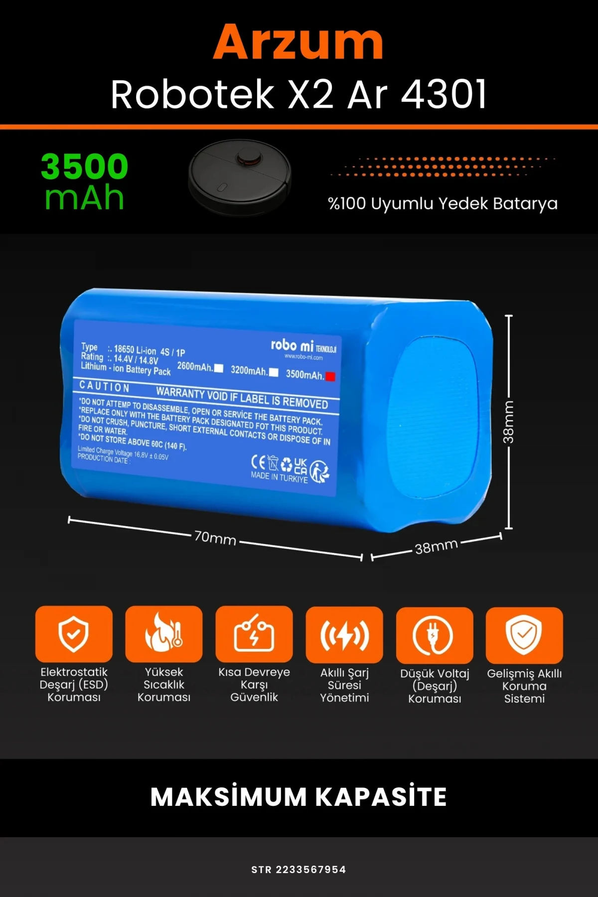 Arzum AR4301 Robotek X2 3500mAh Robot Süpürge Bataryası - Gerçek Kapasite, Maksimum Güvenlik
