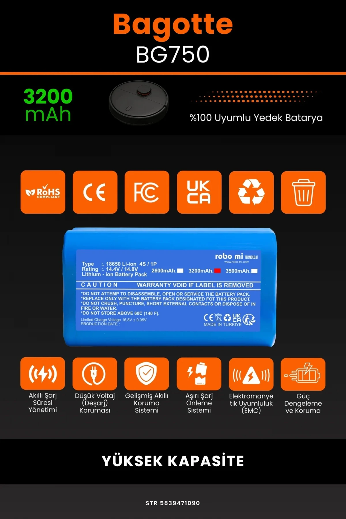 Bagotte BG750 3200mAh Robot Süpürge Bataryası - Gerçek Kapasite, Maksimum Güvenlik