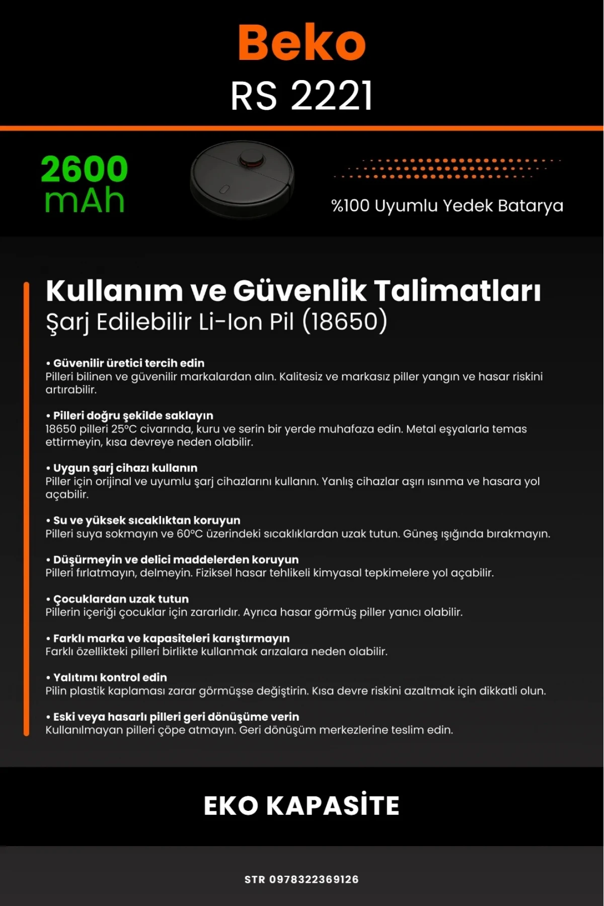 Beko RS 2221 Uyumlu 2600mAh Robot Süpürge Bataryası - Eko Kapasite