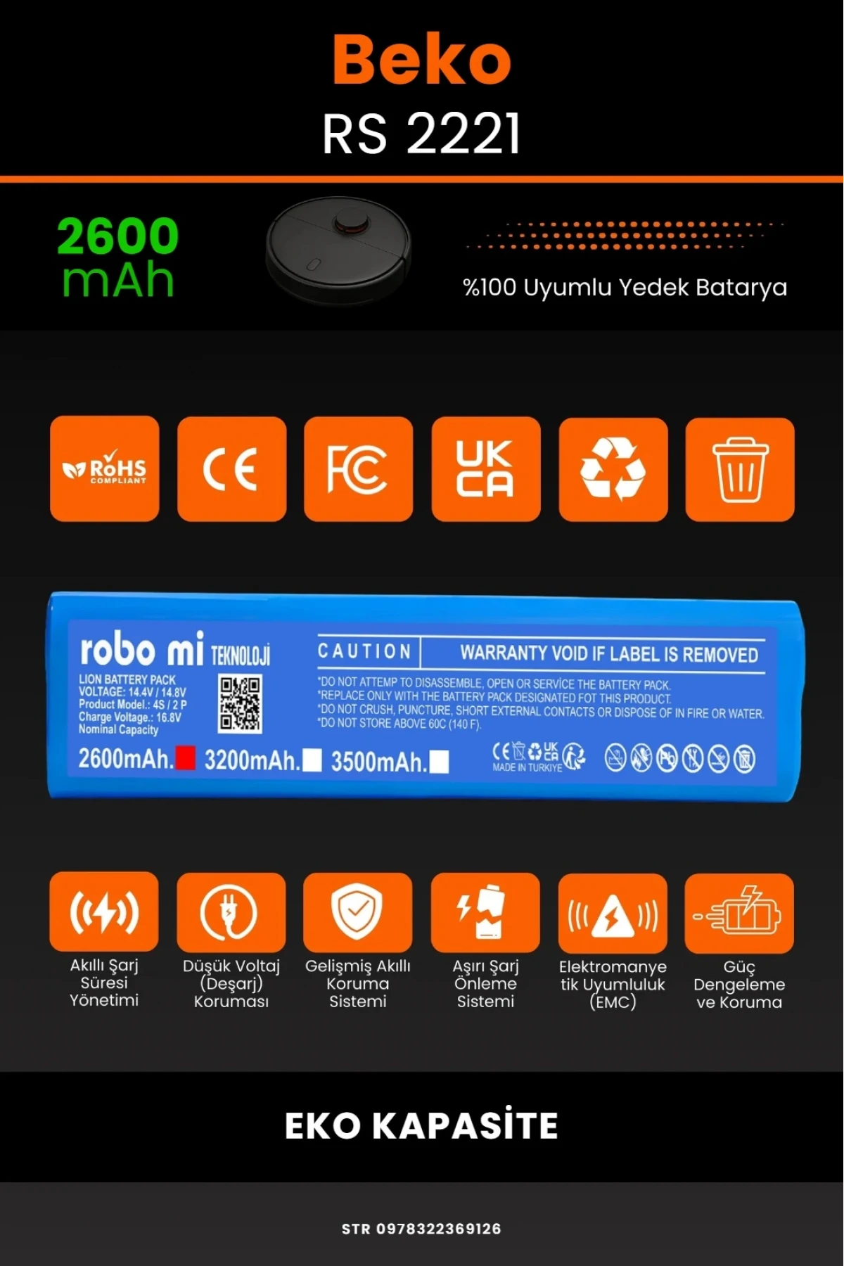 Beko RS 2221 Uyumlu 2600mAh Robot Süpürge Bataryası - Eko Kapasite