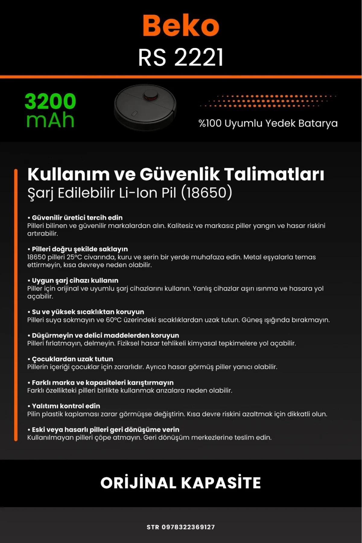 Beko RS 2221 Uyumlu 3200mAh Robot Süpürge Bataryası - Orijinal Kapasite