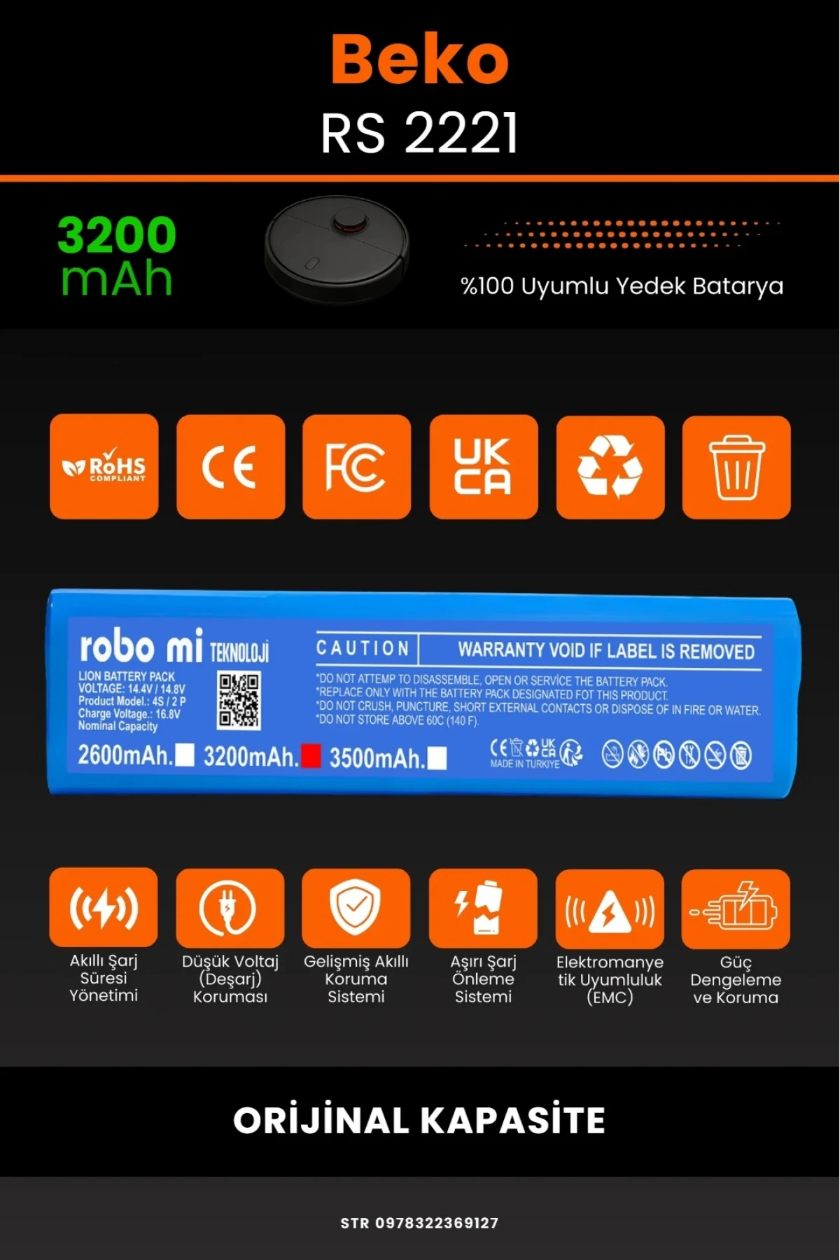Beko RS 2221 Uyumlu 3200mAh Robot Süpürge Bataryası - Orijinal Kapasite