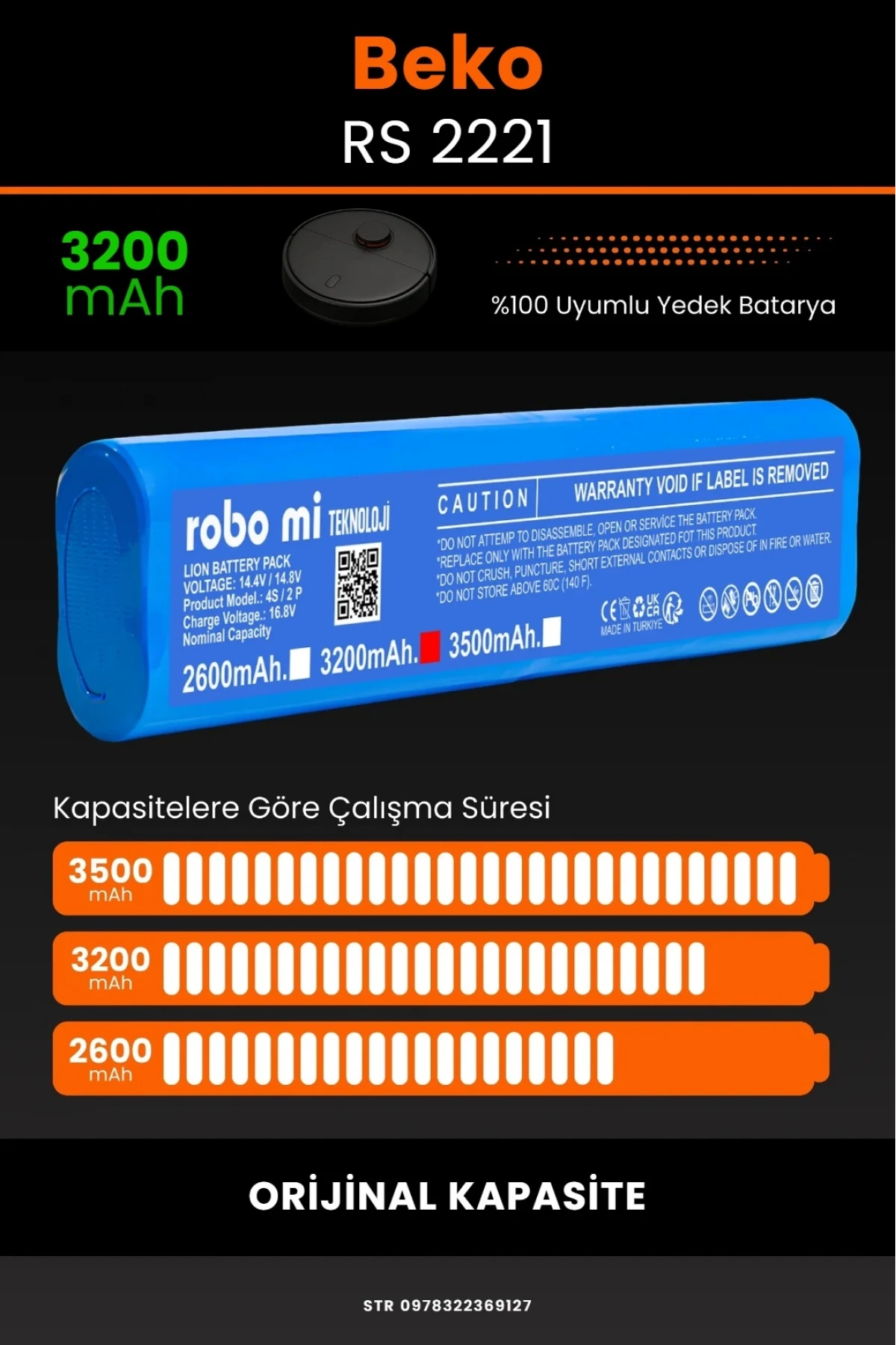 Beko RS 2221 Uyumlu 3200mAh Robot Süpürge Bataryası - Orijinal Kapasite