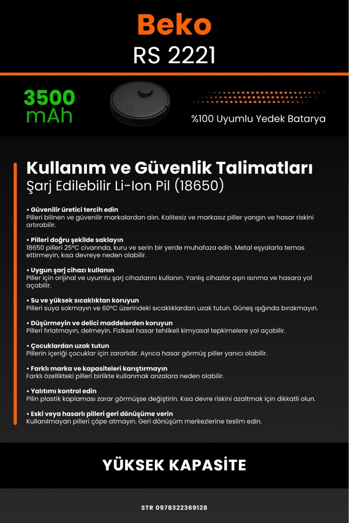 Beko RS 2221 Uyumlu 3500mAh Robot Süpürge Bataryası - Yüksek Kapasite