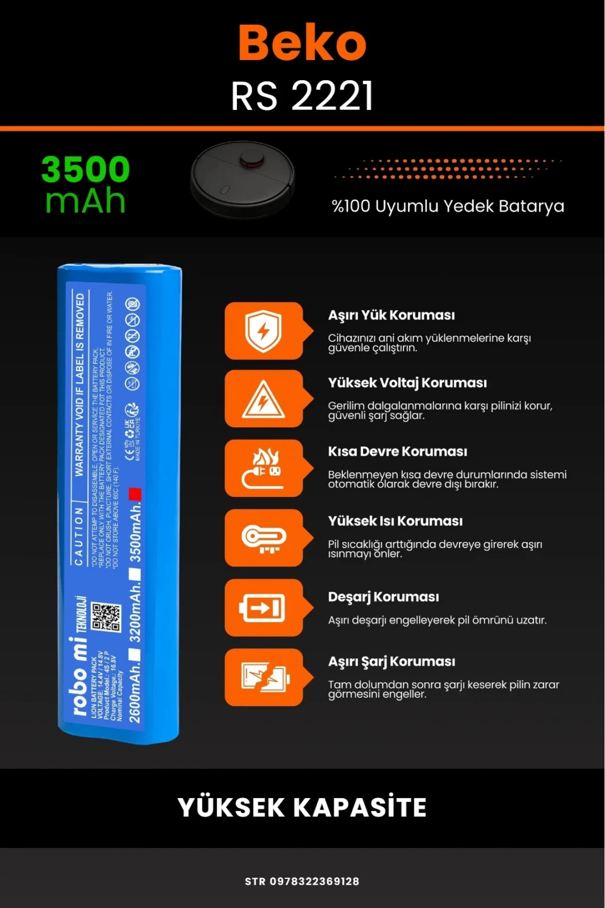 Beko RS 2221 Uyumlu 3500mAh Robot Süpürge Bataryası - Yüksek Kapasite