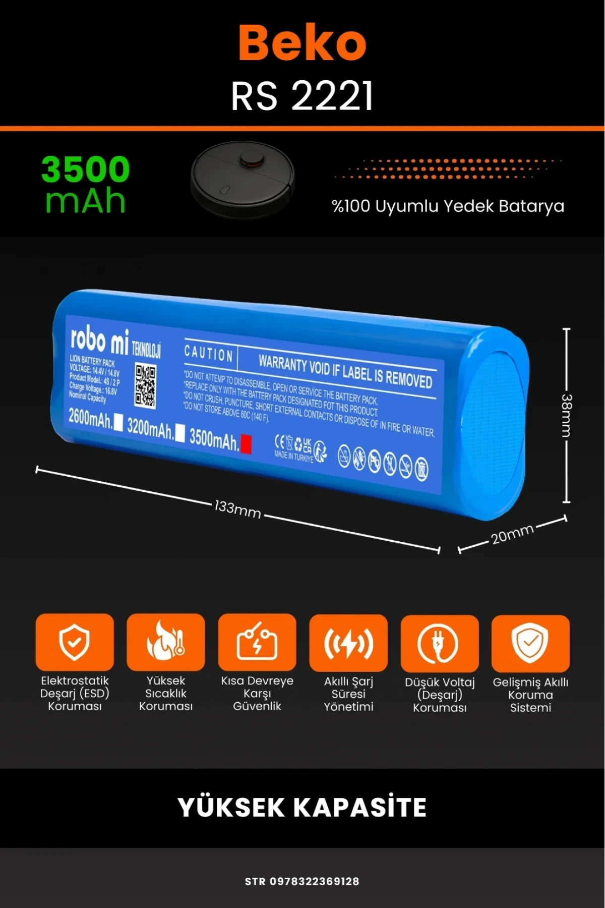 Beko RS 2221 Uyumlu 3500mAh Robot Süpürge Bataryası - Yüksek Kapasite