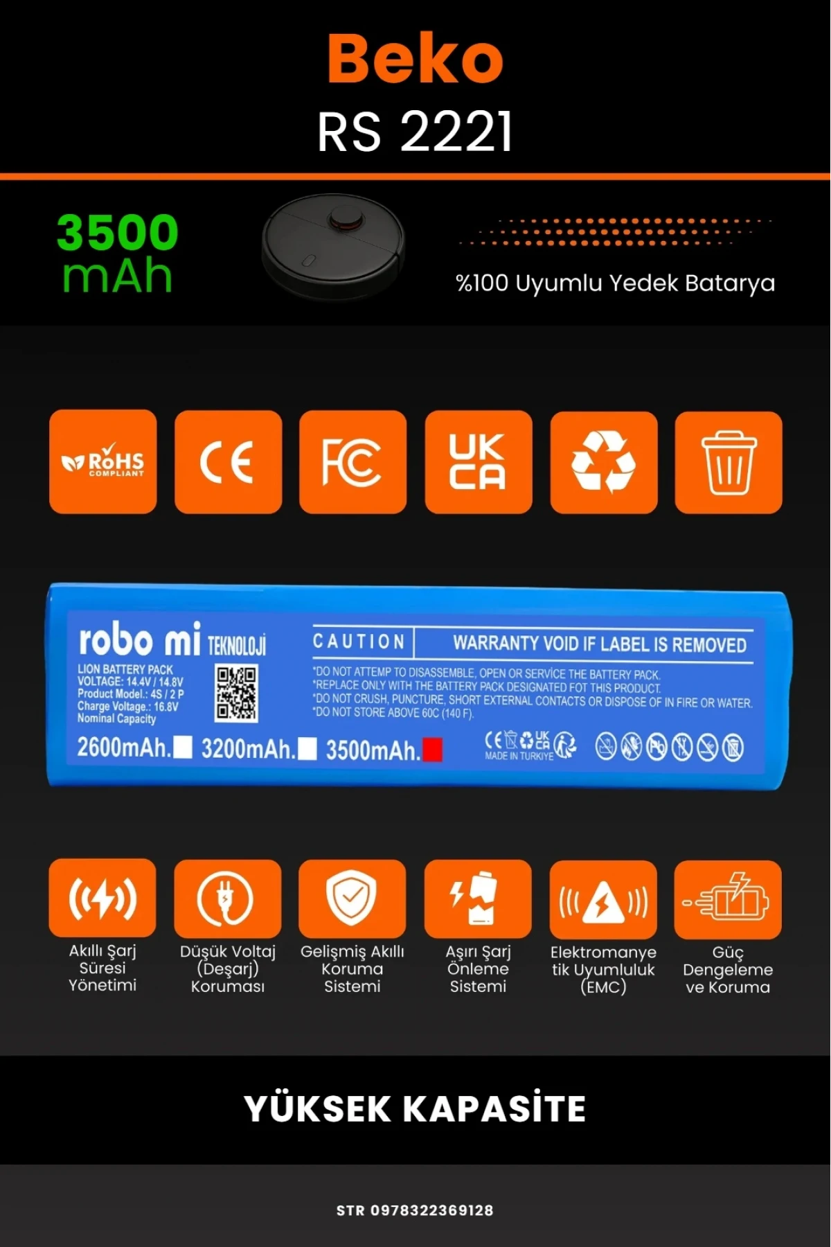 Beko RS 2221 Uyumlu 3500mAh Robot Süpürge Bataryası - Yüksek Kapasite