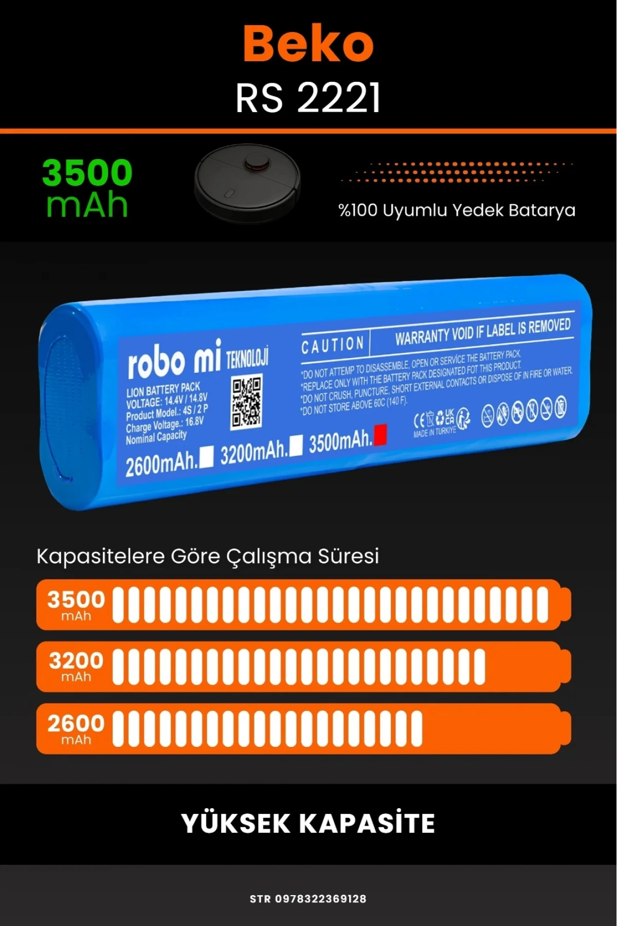 Beko RS 2221 Uyumlu 3500mAh Robot Süpürge Bataryası - Yüksek Kapasite