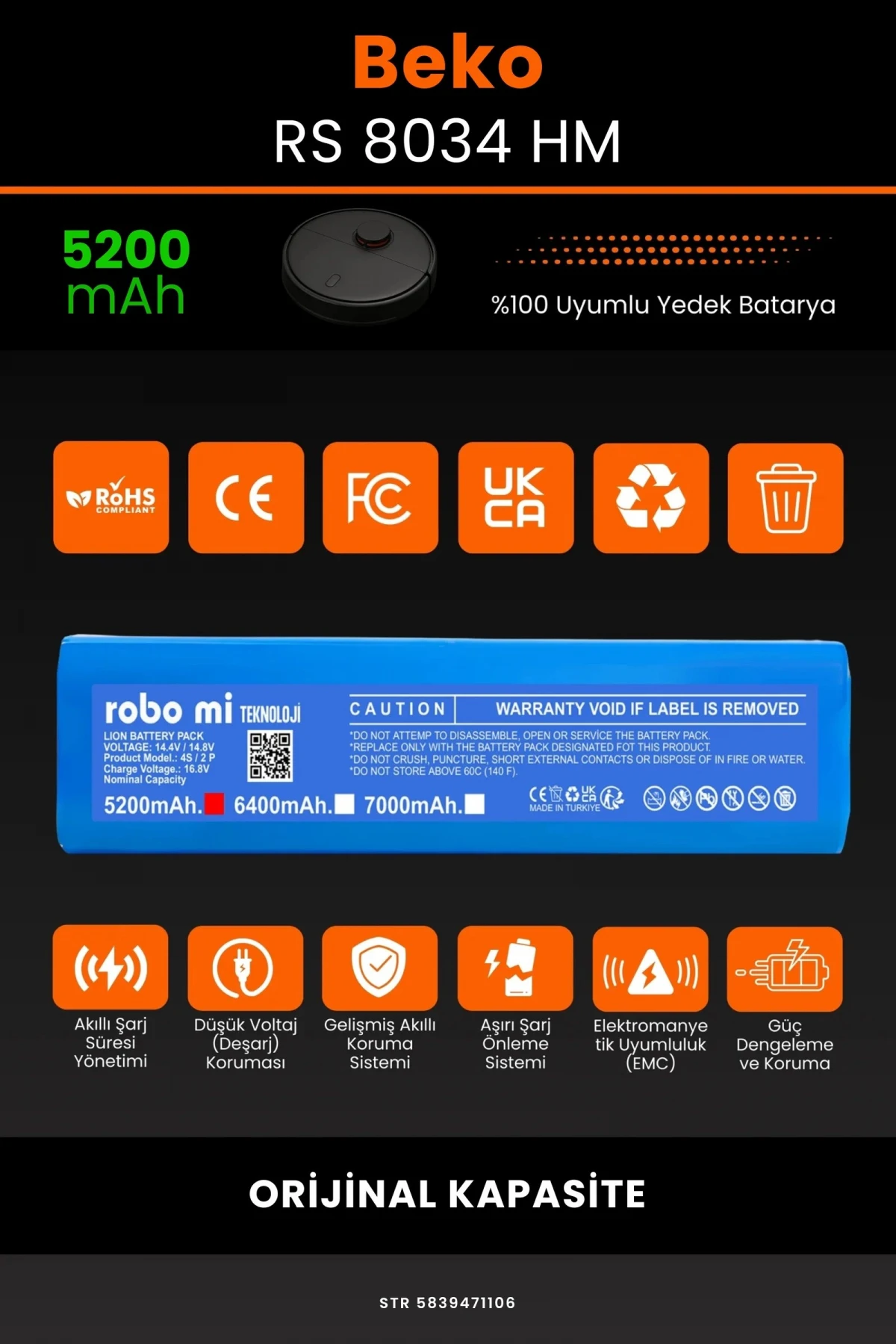 Beko RS 8034 HM 5200mAh Robot Süpürge Bataryası - Gerçek Kapasite, Maksimum Güvenlik