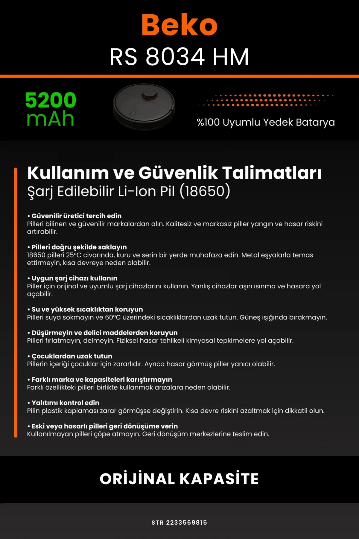 Beko RS 8034 HM 5200mAh Robot Süpürge Bataryası - Gerçek Kapasite, Maksimum Güvenlik