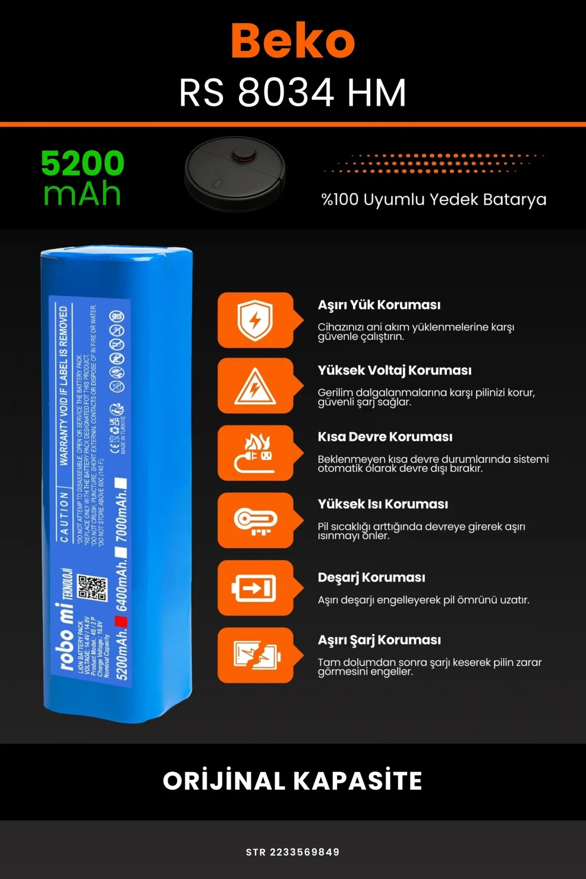 Beko RS 8034 HM 5200mAh Robot Süpürge Bataryası - Koruma Katmanlı Batarya Teknolojisi