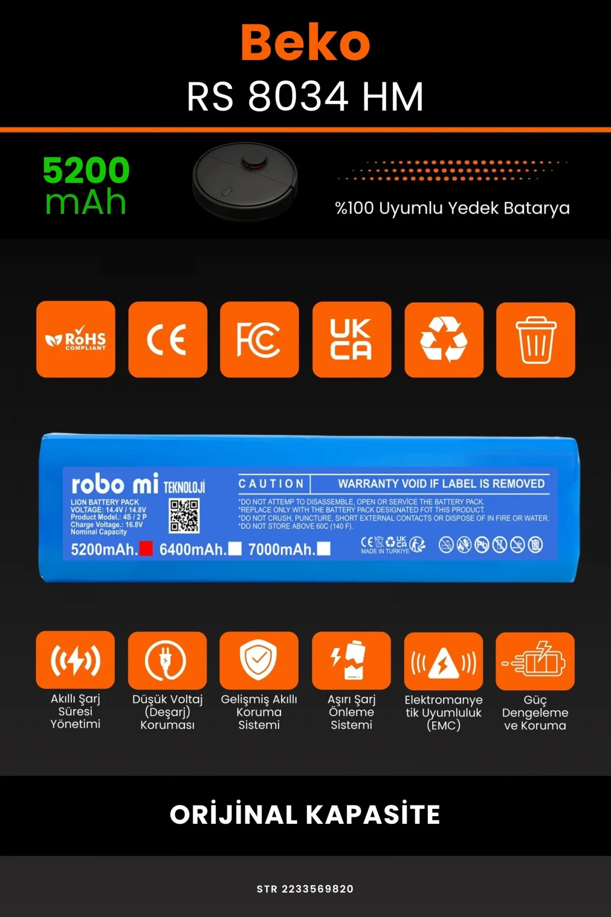 Beko RS 8034 HM 5200mAh Robot Süpürge Bataryası - Sertifikalı Güvenlik, Gerçek Kapasite