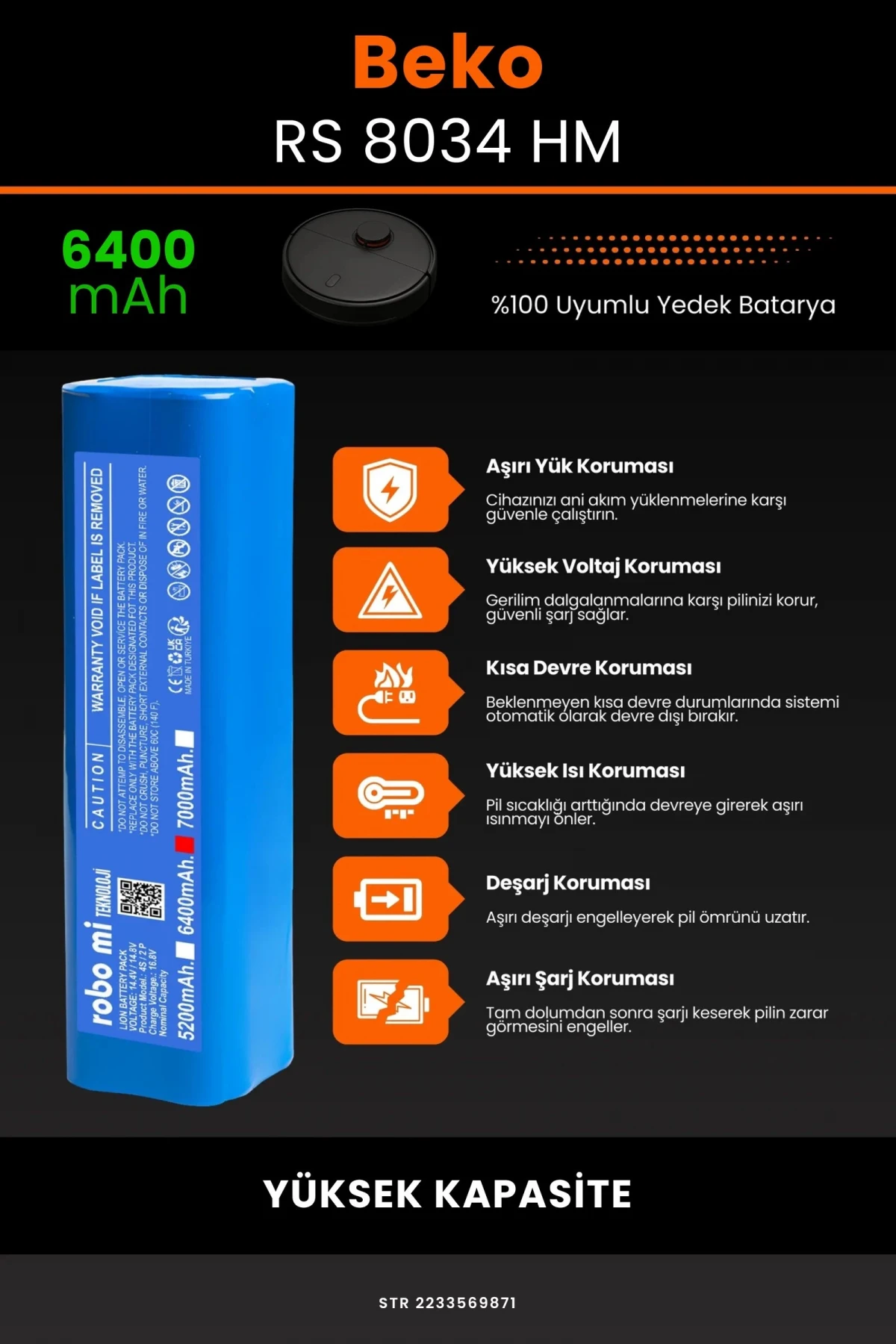 Beko RS 8034 HM 6400mAh Robot Süpürge Bataryası - Gerçek Kapasite, Maksimum Güvenlik