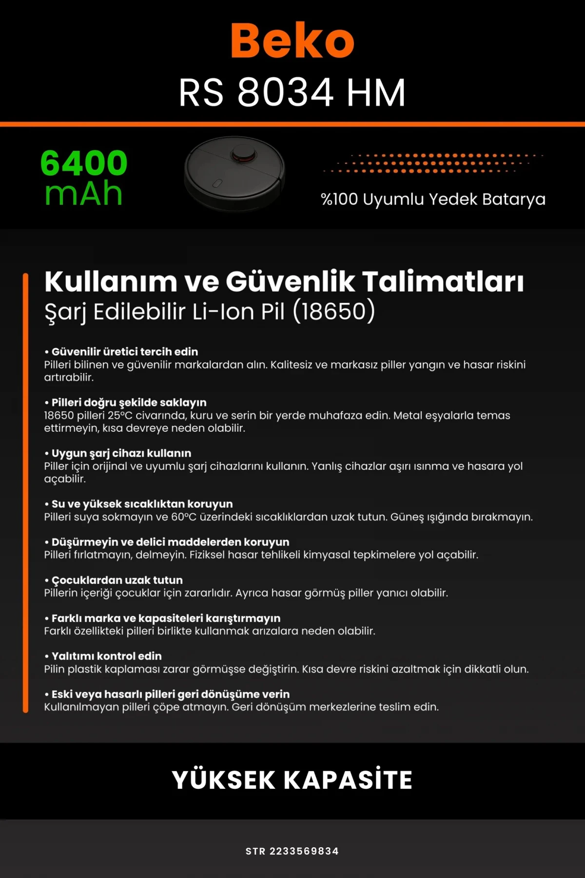 Beko RS 8034 HM 6400mAh Robot Süpürge Bataryası - Sertifikalı Güvenlik, Gerçek Kapasite