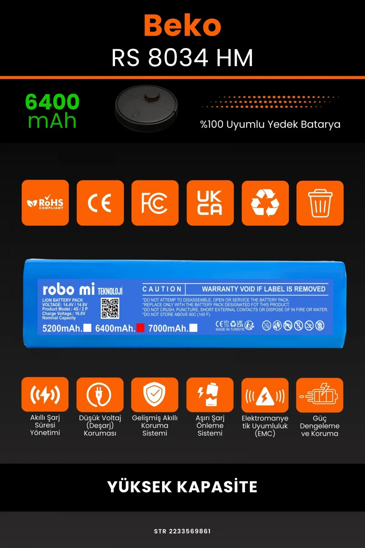 Beko RS 8034 HM 6400mAh Robot Süpürge Bataryası - Yüksek Yoğunluklu Li-ion Hücre