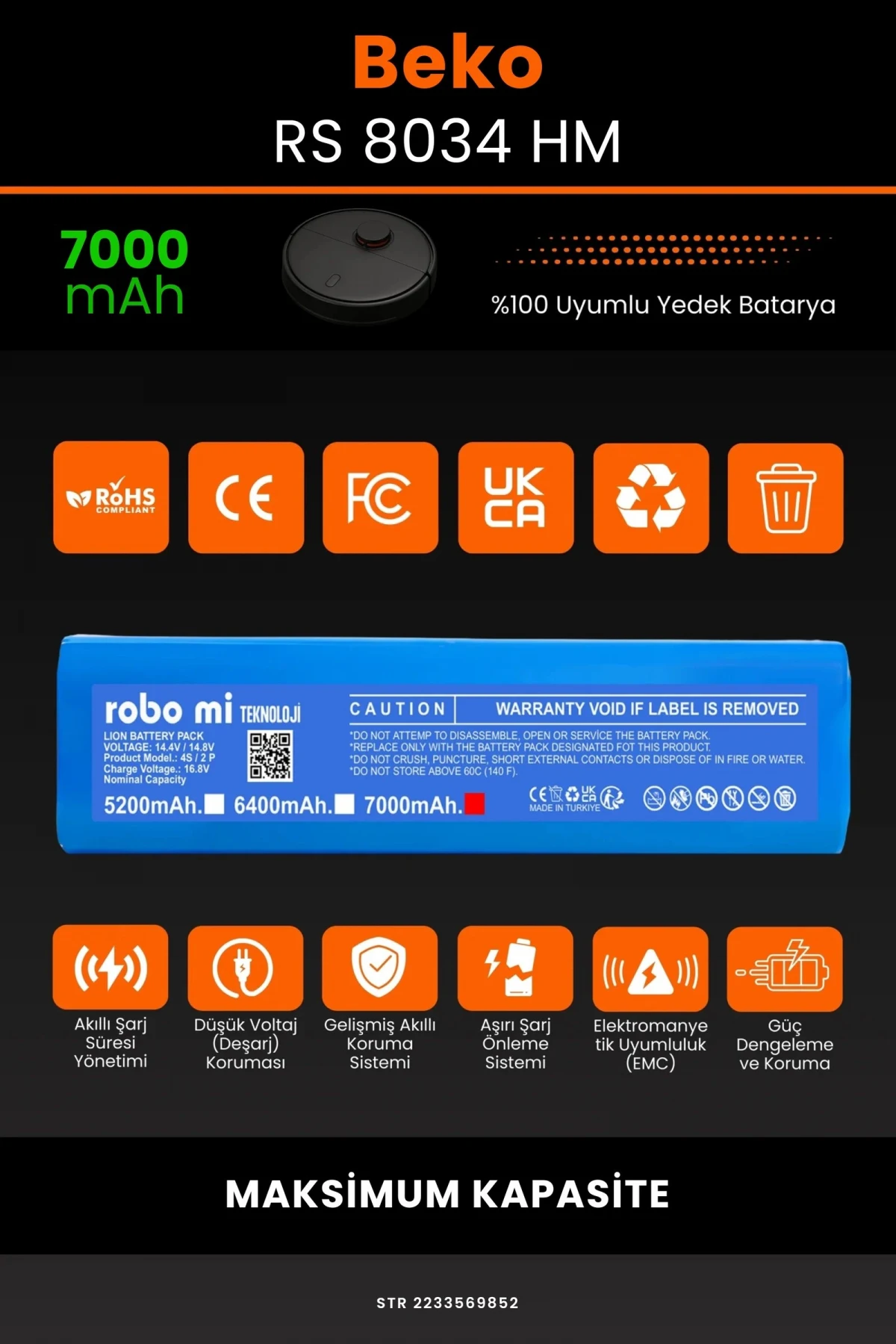 Beko RS 8034 HM 7000mAh Robot Süpürge Bataryası - Sertifikalı Güvenlik, Gerçek Kapasite