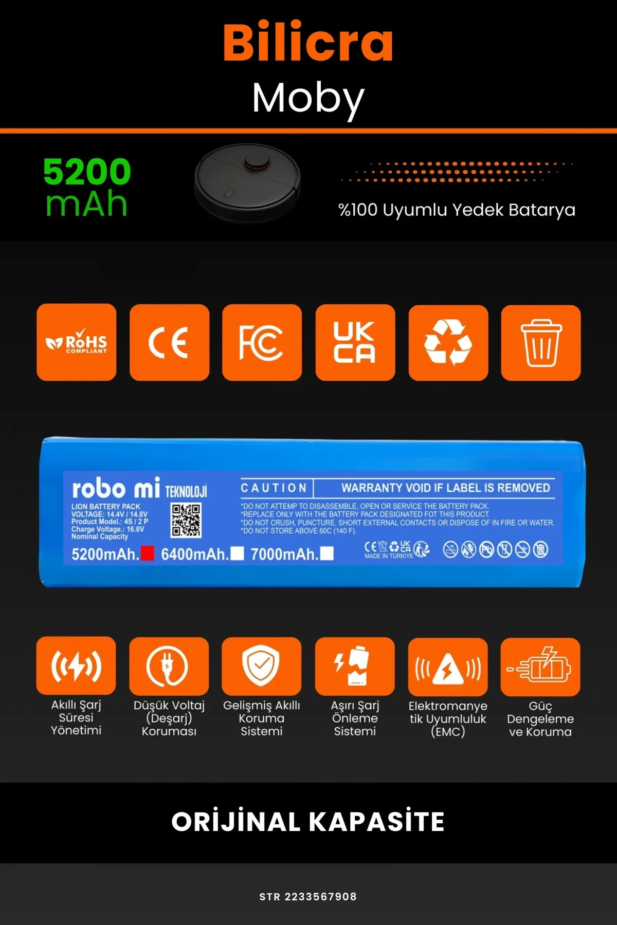 Bilicra Moby 5200mAh Robot Süpürge Bataryası - Gerçek Kapasite, Maksimum Güvenlik