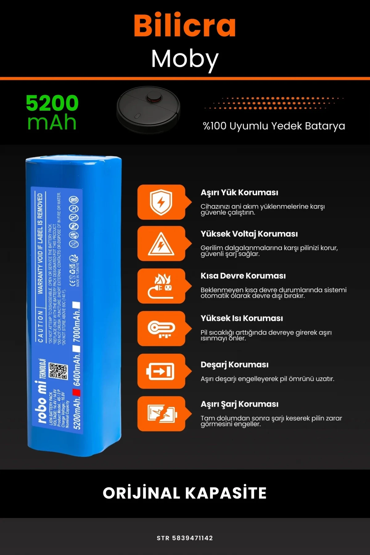 Bilicra Moby 5200mAh Robot Süpürge Bataryası - Gerçek Kapasite, Maksimum Güvenlik