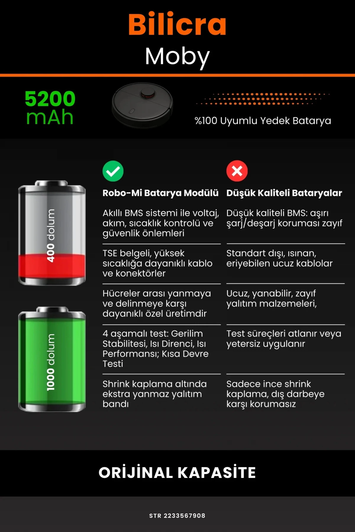 Bilicra Moby 5200mAh Robot Süpürge Bataryası - Gerçek Kapasite, Maksimum Güvenlik