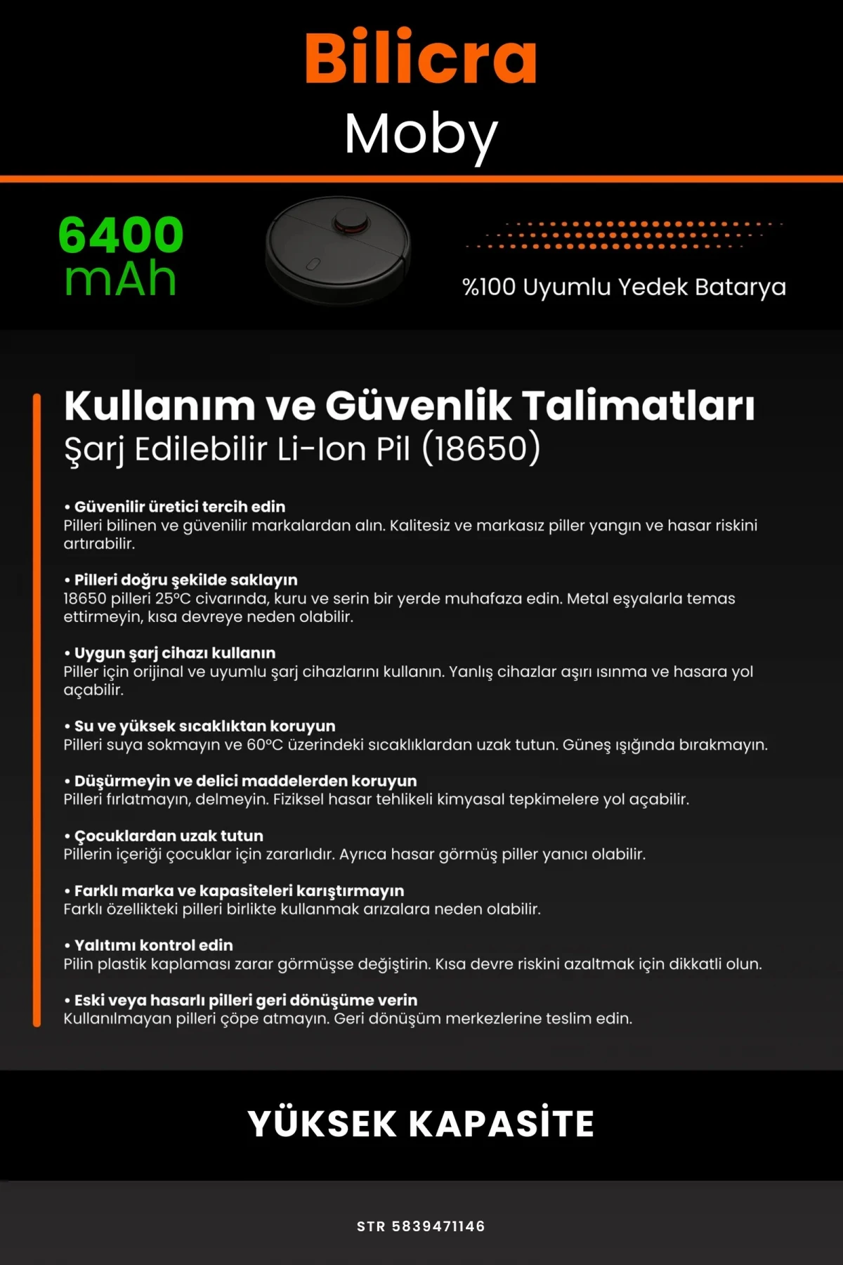 Bilicra Moby 6400mAh Robot Süpürge Bataryası - Gerçek Kapasite, Maksimum Güvenlik