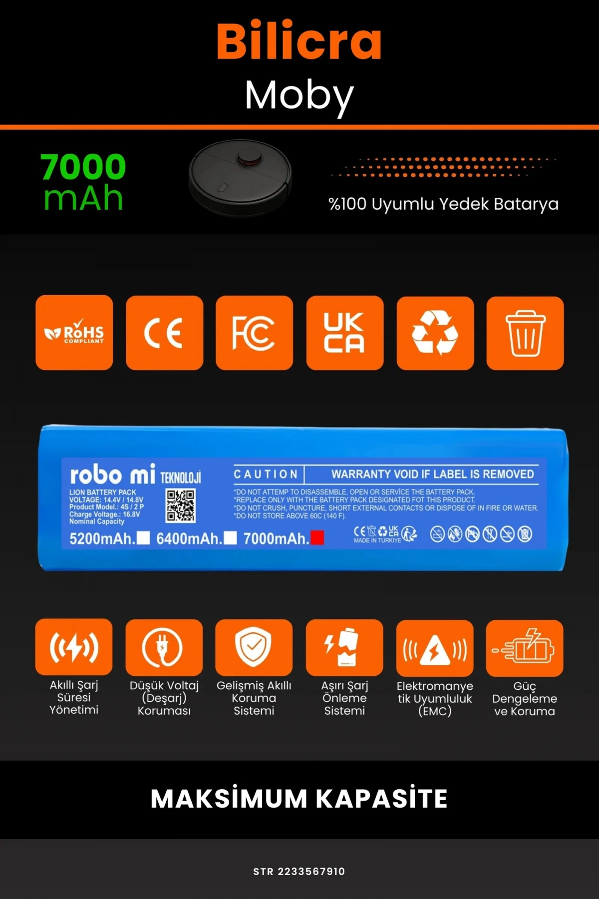 Bilicra Moby 7000mAh Robot Süpürge Bataryası - Gerçek Kapasite, Maksimum Güvenlik