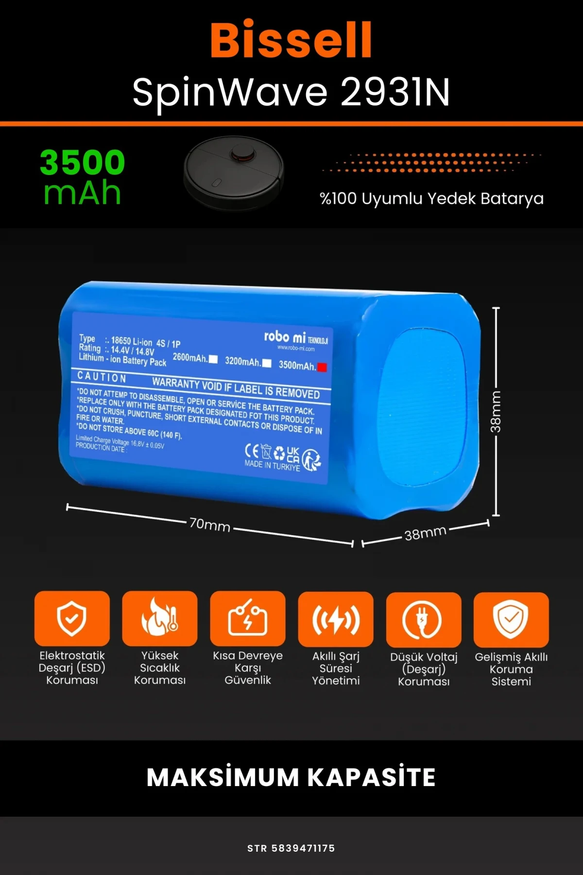 Bissell SpinWave 2931N 3500mAh Robot Süpürge Bataryası - Gerçek Kapasite, Maksimum Güvenlik