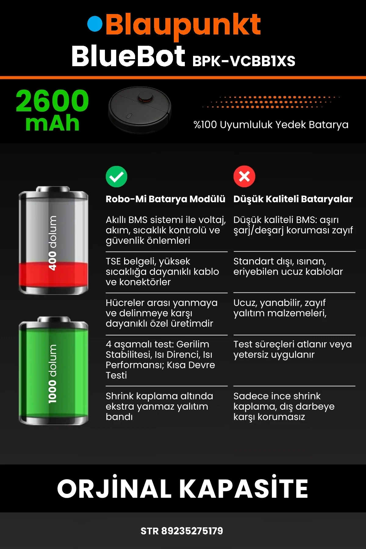 Blaupunkt BlueBot Robot Vacuum Cleaner 2600mAh Robot Süpürge Bataryası