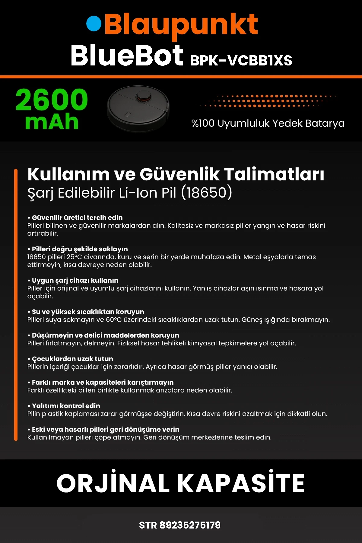 Blaupunkt BlueBot Robot Vacuum Cleaner 2600mAh Robot Süpürge Bataryası