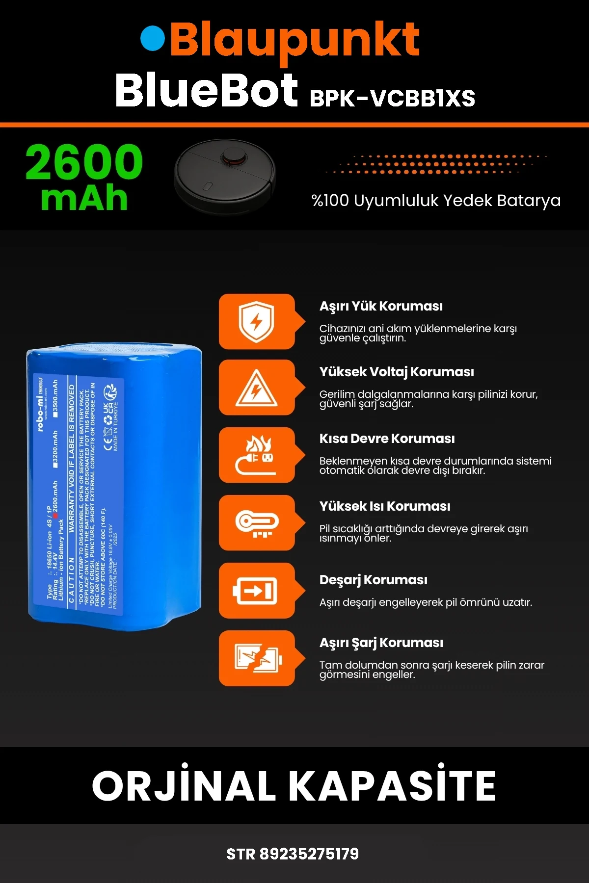 Blaupunkt BlueBot Robot Vacuum Cleaner 2600mAh Robot Süpürge Bataryası