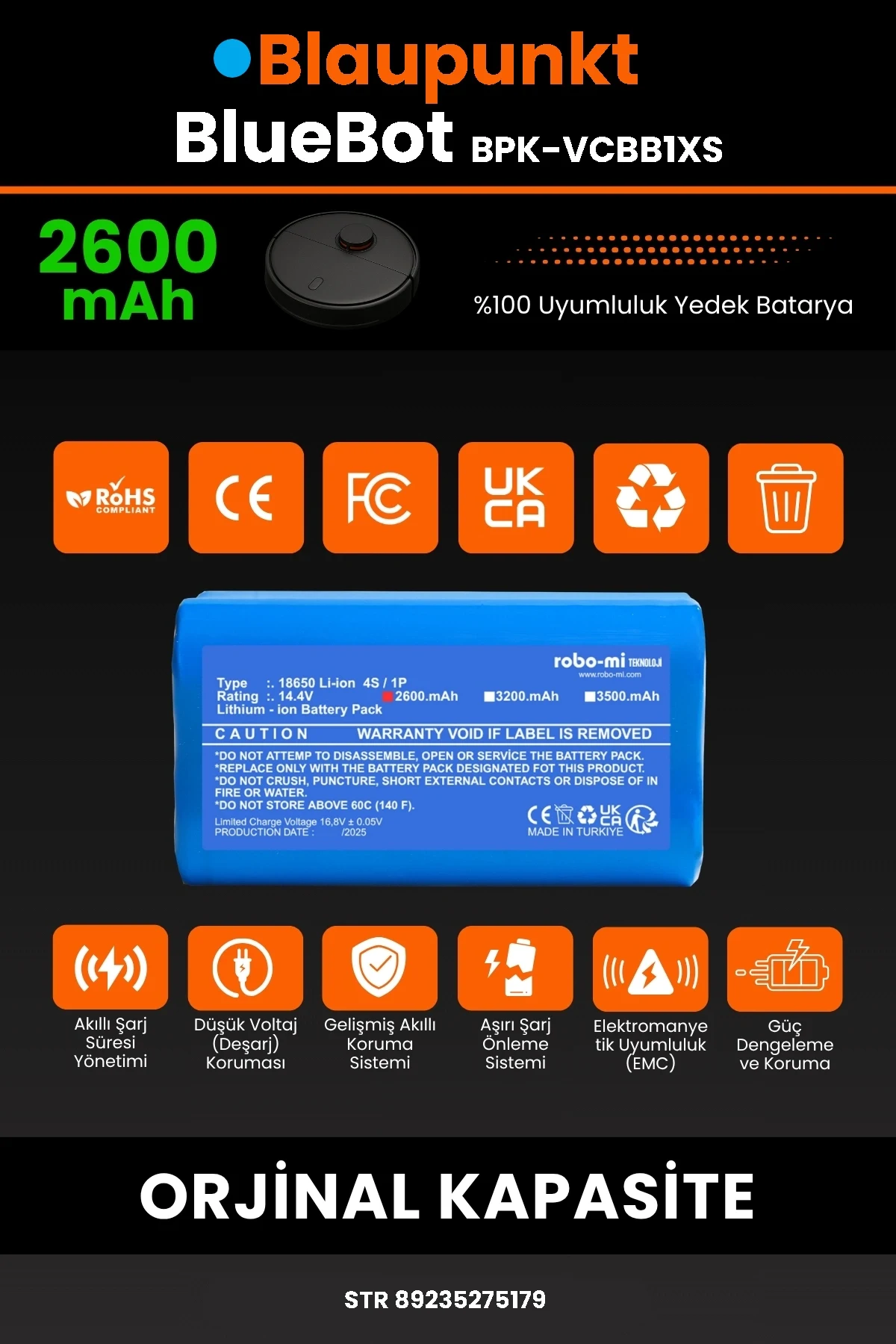 Blaupunkt BlueBot Robot Vacuum Cleaner 2600mAh Robot Süpürge Bataryası