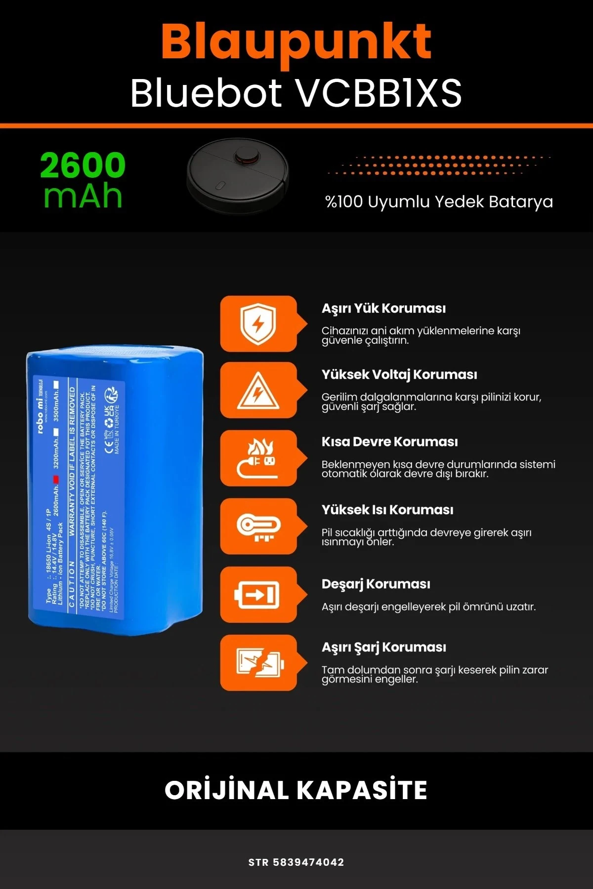 Blaupunkt BlueBot Robot Vacuum Cleaner 2600mAh Robot Süpürge Bataryası - Gerçek Kapasite, Maksimum Güvenlik